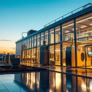 modern-industrial-facility-large-glass-windows-illuminated-warmly-as-sun-sets-background-reflecting-smooth-399835431